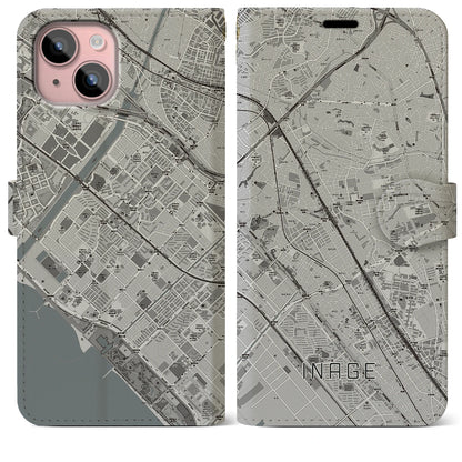 【稲毛（千葉県）】地図柄iPhoneケース（手帳タイプ）モノトーン・iPhone 15 Plus 用