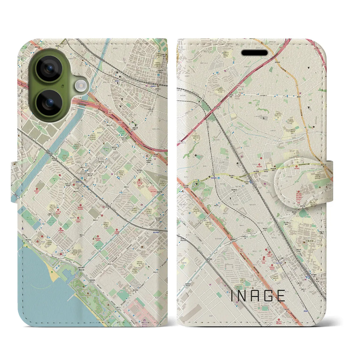 【稲毛（千葉県）】地図柄iPhoneケース（手帳タイプ）モノトーン・iPhone 17 Pro Max 用