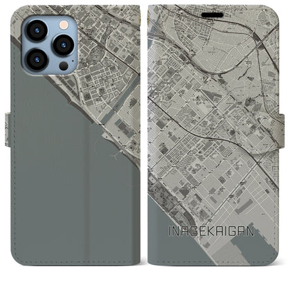 【稲毛海岸（千葉県）】地図柄iPhoneケース（手帳タイプ）モノトーン・iPhone 13 Pro Max 用