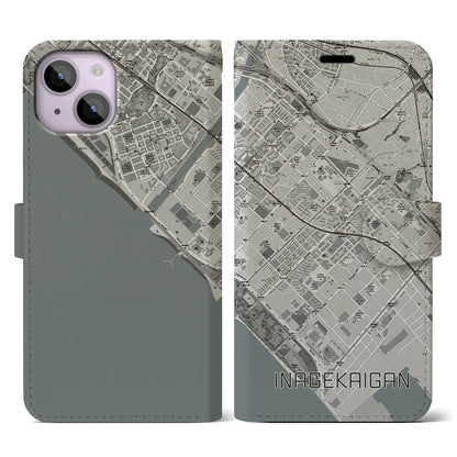 【稲毛海岸（千葉県）】地図柄iPhoneケース（手帳タイプ）モノトーン・iPhone 14 用