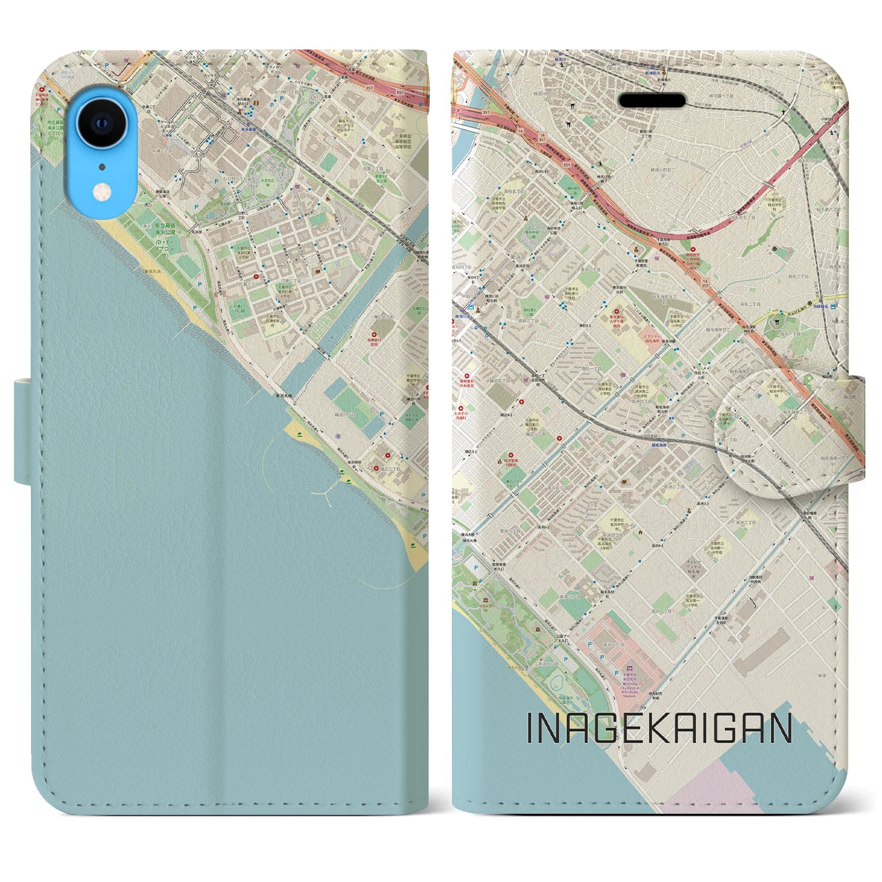【稲毛海岸（千葉県）】地図柄iPhoneケース（手帳タイプ）ナチュラル・iPhone XR 用