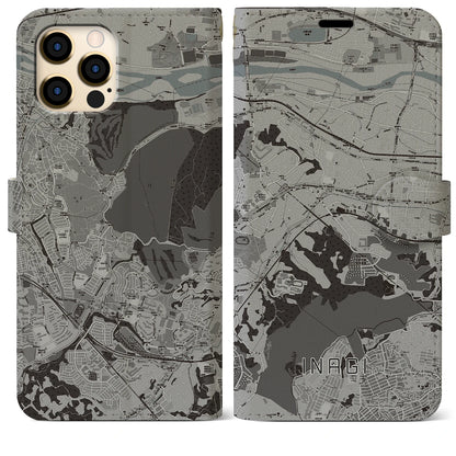 【稲城（東京都）】地図柄iPhoneケース（手帳タイプ）モノトーン・iPhone 12 Pro Max 用
