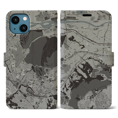 【稲城（東京都）】地図柄iPhoneケース（手帳タイプ）モノトーン・iPhone 13 用