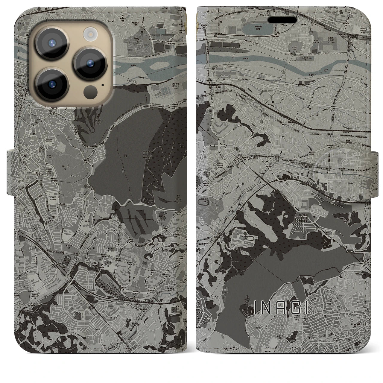 【稲城】地図柄iPhoneケース（手帳両面タイプ・モノトーン）iPhone 14 Pro Max 用