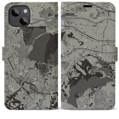 【稲城（東京都）】地図柄iPhoneケース（手帳タイプ）モノトーン・iPhone 14 Plus 用