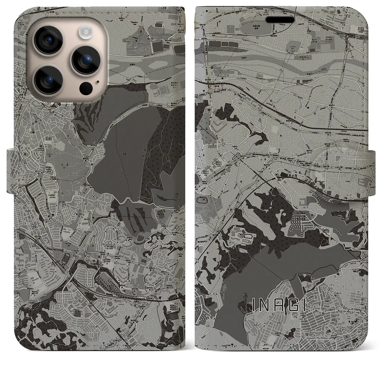 【稲城（東京都）】地図柄iPhoneケース（手帳タイプ）モノトーン・iPhone 16 Plus 用