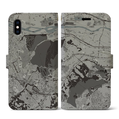 【稲城（東京都）】地図柄iPhoneケース（手帳タイプ）モノトーン・iPhone XS / X 用