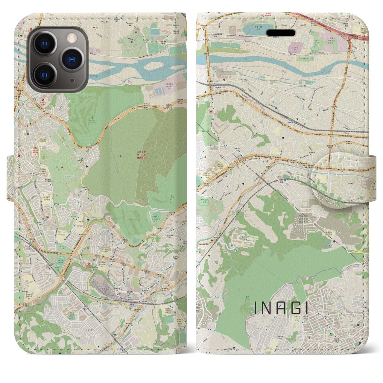 【稲城（東京都）】地図柄iPhoneケース（手帳タイプ）ナチュラル・iPhone 11 Pro Max 用