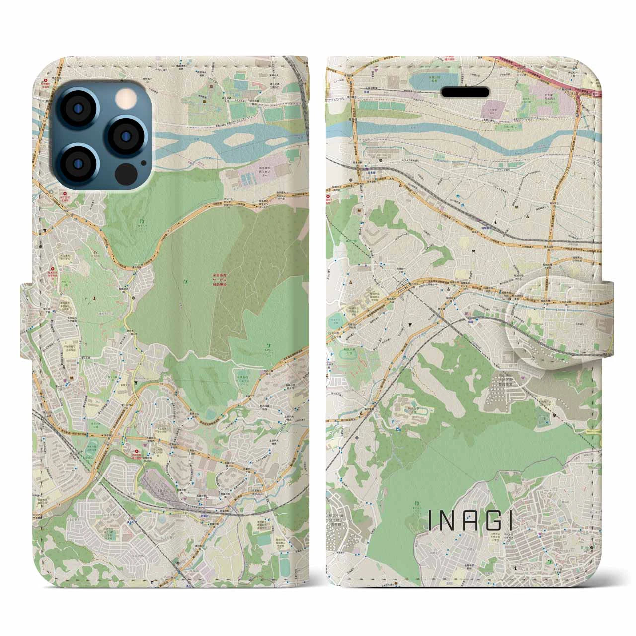 【稲城（東京都）】地図柄iPhoneケース（手帳タイプ）ナチュラル・iPhone 12 / 12 Pro 用