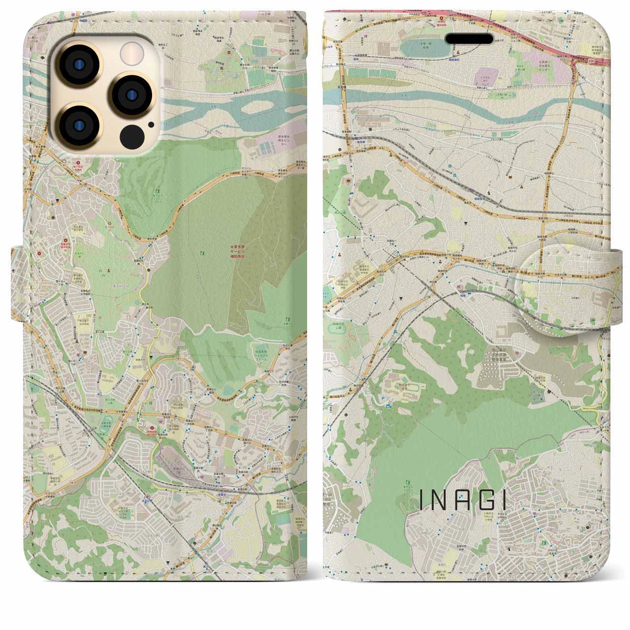 【稲城（東京都）】地図柄iPhoneケース（手帳タイプ）ナチュラル・iPhone 12 Pro Max 用