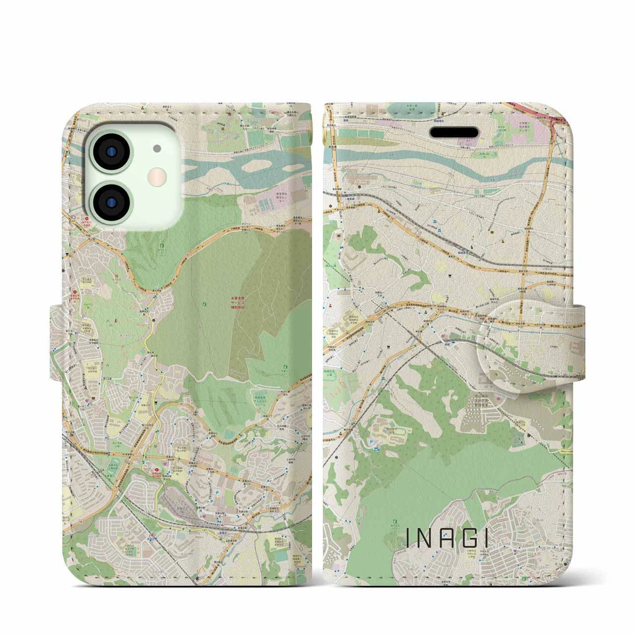 【稲城（東京都）】地図柄iPhoneケース（手帳タイプ）ナチュラル・iPhone 12 mini 用