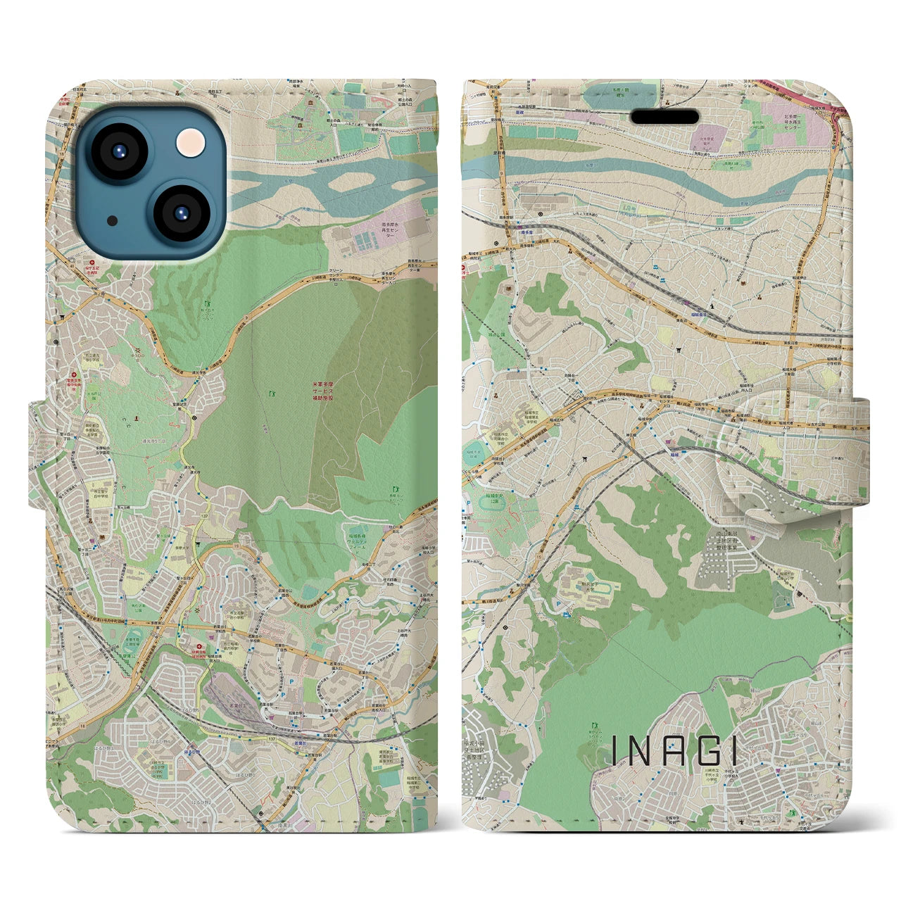 【稲城（東京都）】地図柄iPhoneケース（手帳タイプ）ナチュラル・iPhone 13 用