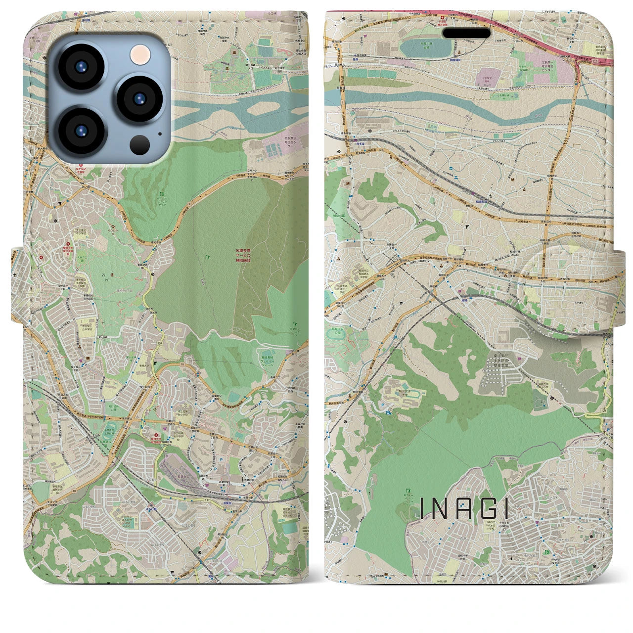 【稲城（東京都）】地図柄iPhoneケース（手帳タイプ）ナチュラル・iPhone 13 Pro Max 用