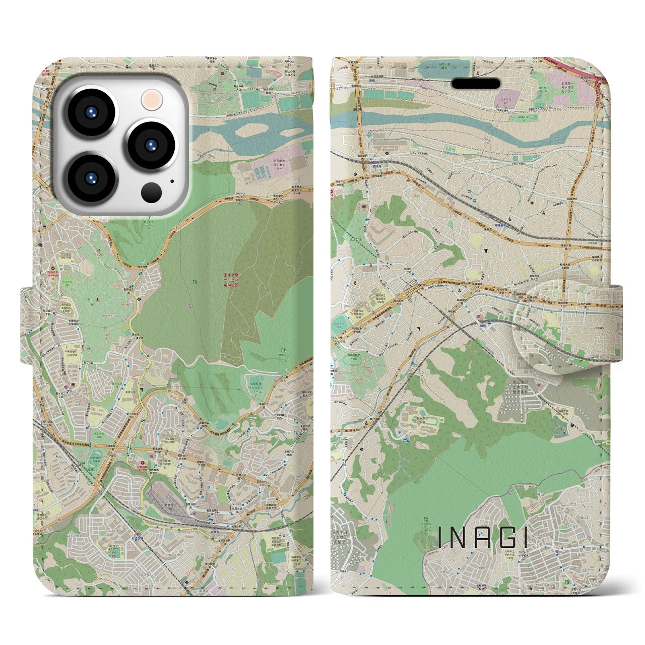 【稲城（東京都）】地図柄iPhoneケース（手帳タイプ）ナチュラル・iPhone 13 Pro 用