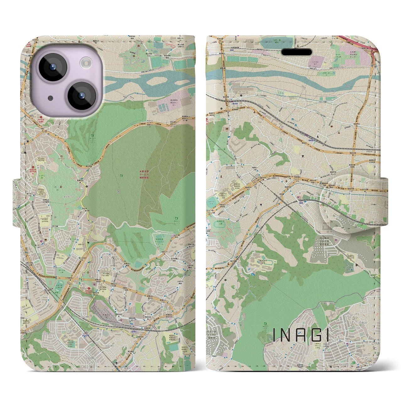 【稲城（東京都）】地図柄iPhoneケース（手帳タイプ）ナチュラル・iPhone 14 用