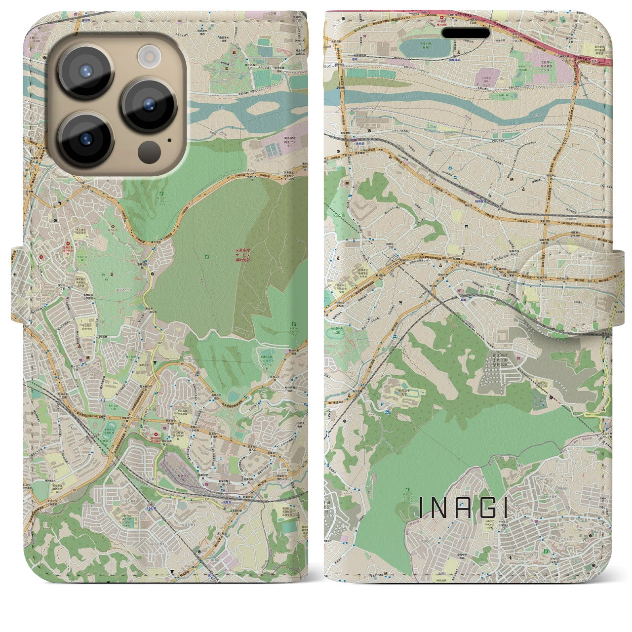 【稲城（東京都）】地図柄iPhoneケース（手帳タイプ）ナチュラル・iPhone 14 Pro Max 用