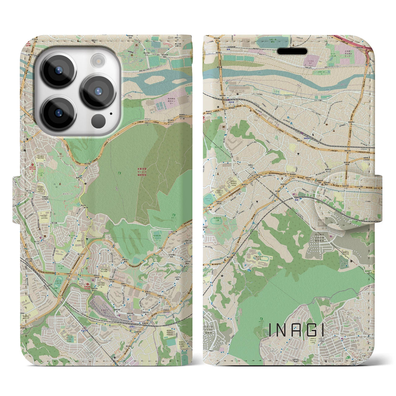 【稲城（東京都）】地図柄iPhoneケース（手帳タイプ）ナチュラル・iPhone 14 Pro 用