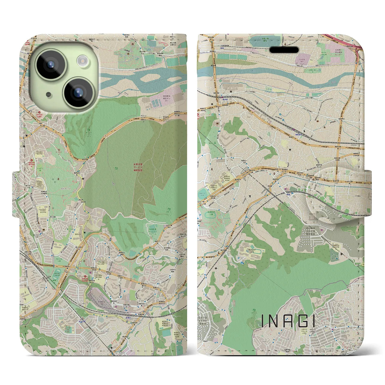 【稲城（東京都）】地図柄iPhoneケース（手帳タイプ）ナチュラル・iPhone 15 用