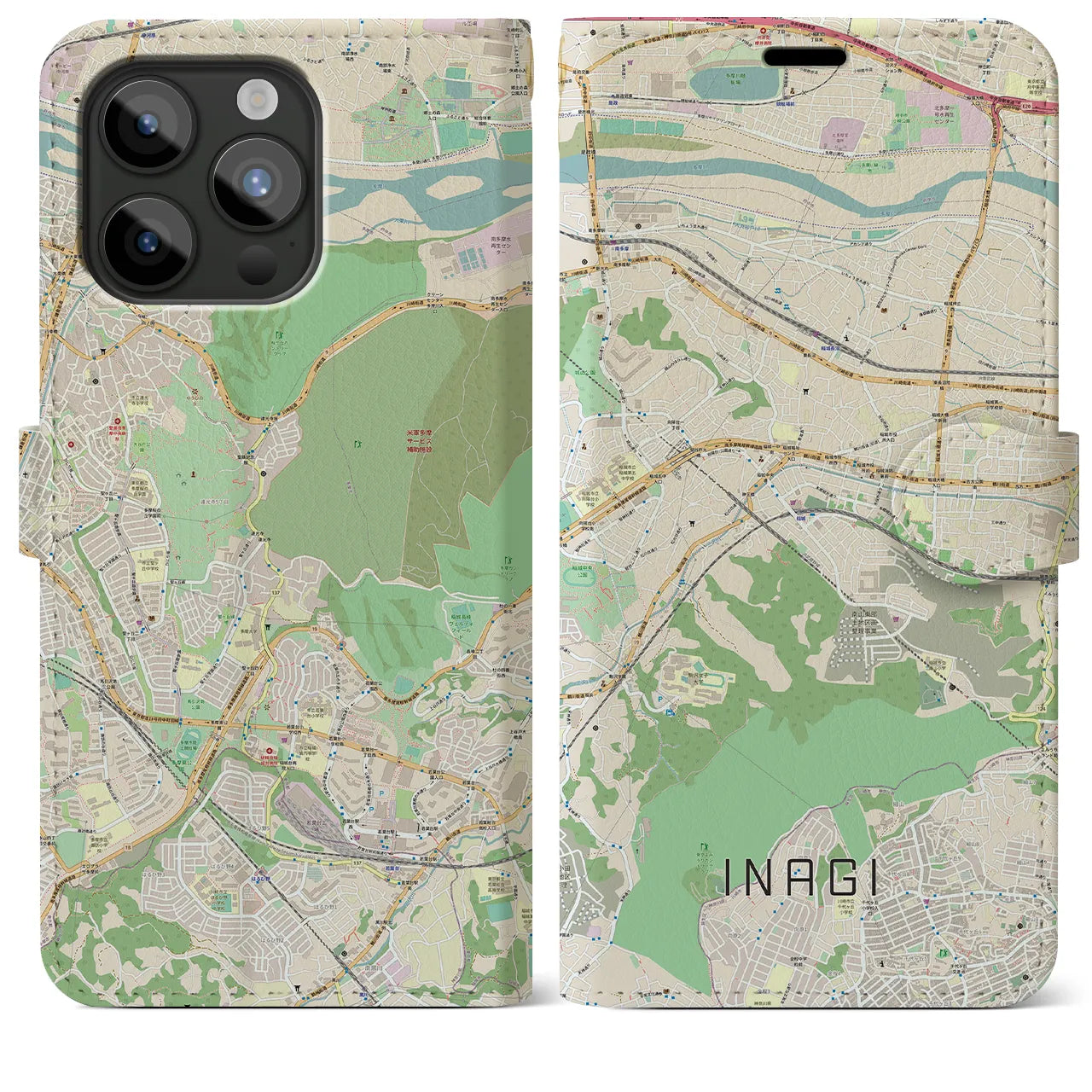 【稲城（東京都）】地図柄iPhoneケース（手帳タイプ）ナチュラル・iPhone 15 Pro Max 用