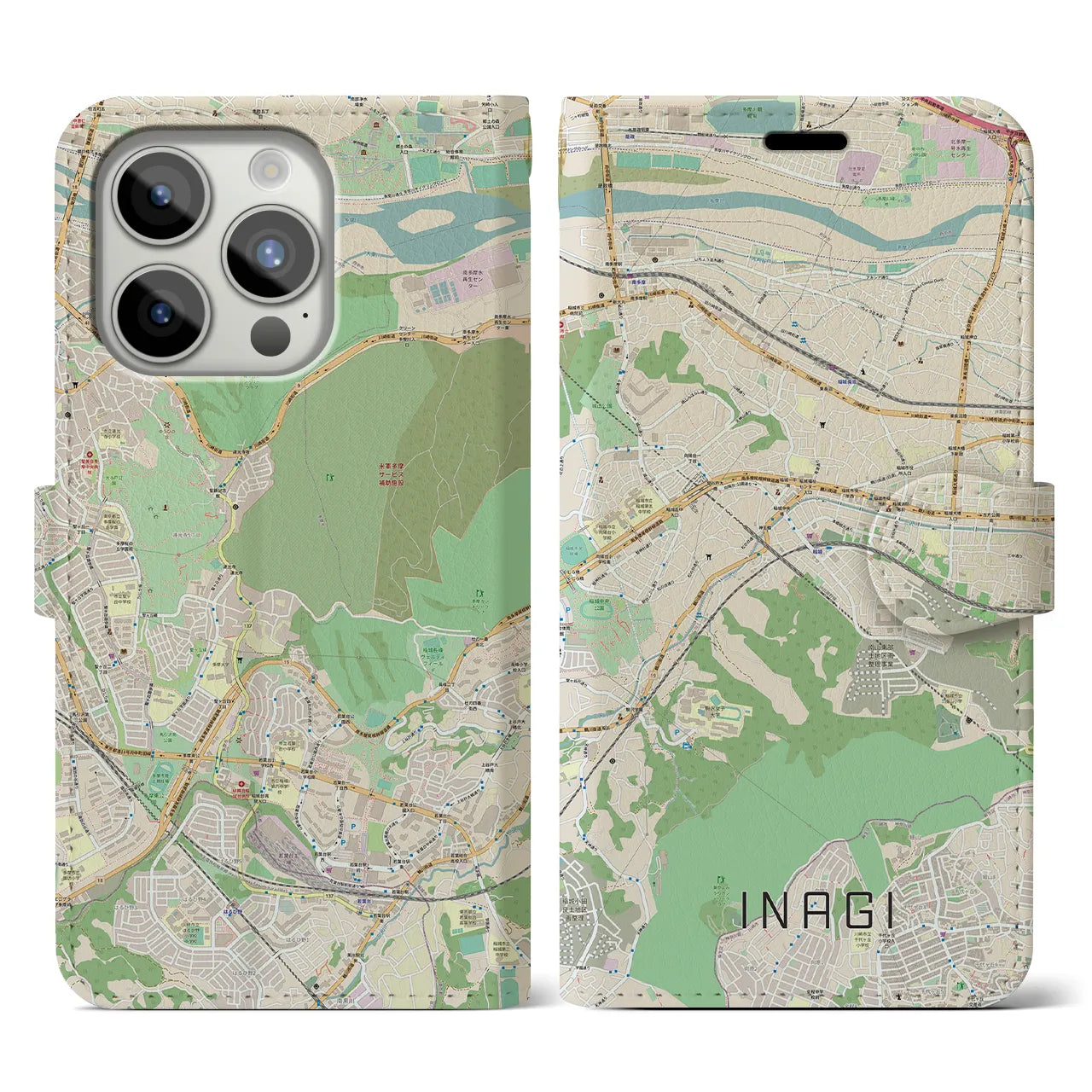 【稲城（東京都）】地図柄iPhoneケース（手帳タイプ）ナチュラル・iPhone 15 Pro 用