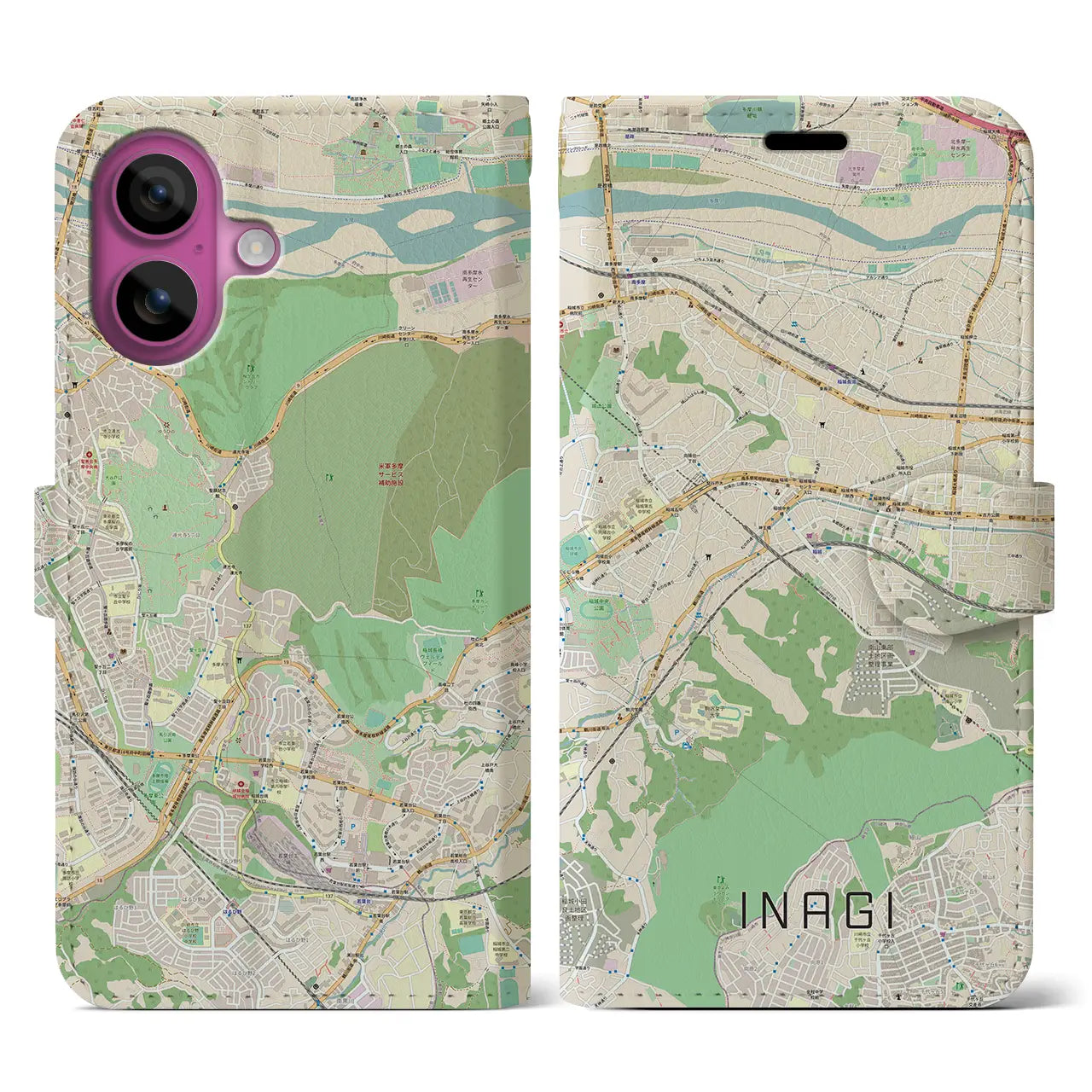 【稲城（東京都）】地図柄iPhoneケース（手帳タイプ）ナチュラル・iPhone 16 Pro 用