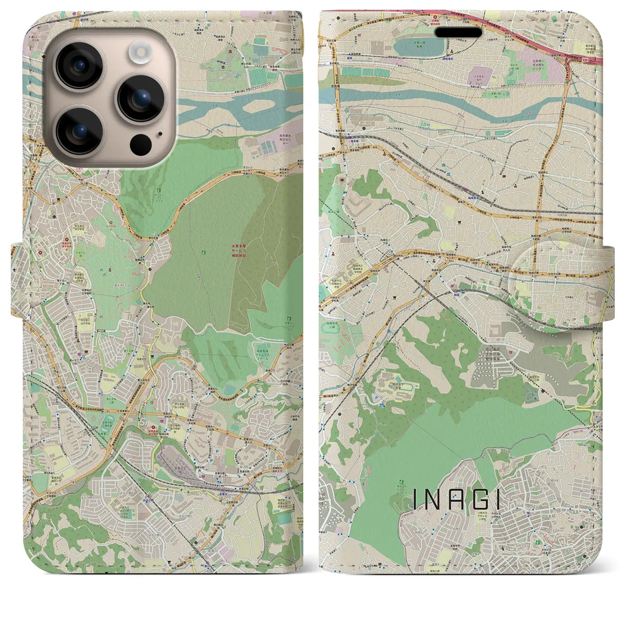 【稲城（東京都）】地図柄iPhoneケース（手帳タイプ）ナチュラル・iPhone 16 Plus 用