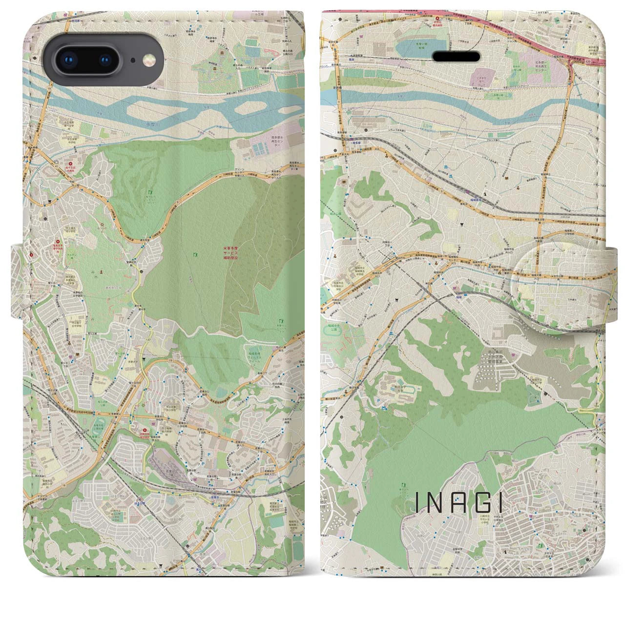 【稲城（東京都）】地図柄iPhoneケース（手帳タイプ）ナチュラル・iPhone 8Plus /7Plus / 6sPlus / 6Plus 用