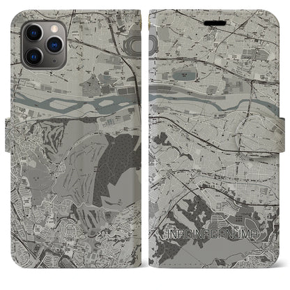 【稲城長沼（東京都）】地図柄iPhoneケース（手帳タイプ）モノトーン・iPhone 11 Pro Max 用