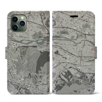 【稲城長沼（東京都）】地図柄iPhoneケース（手帳タイプ）モノトーン・iPhone 11 Pro 用