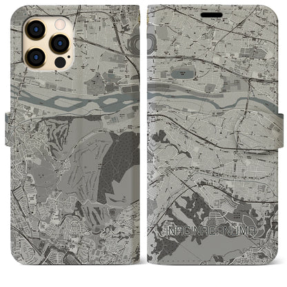 【稲城長沼（東京都）】地図柄iPhoneケース（手帳タイプ）モノトーン・iPhone 12 Pro Max 用