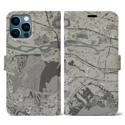 【稲城長沼（東京都）】地図柄iPhoneケース（手帳タイプ）モノトーン・iPhone 12 / 12 Pro 用