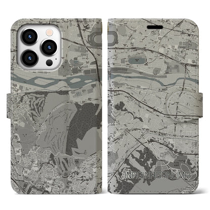 【稲城長沼（東京都）】地図柄iPhoneケース（手帳タイプ）モノトーン・iPhone 13 Pro 用