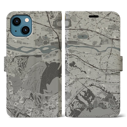【稲城長沼（東京都）】地図柄iPhoneケース（手帳タイプ）モノトーン・iPhone 13 用