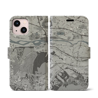 【稲城長沼（東京都）】地図柄iPhoneケース（手帳タイプ）モノトーン・iPhone 13 mini 用