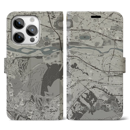 【稲城長沼（東京都）】地図柄iPhoneケース（手帳タイプ）モノトーン・iPhone 14 Pro 用