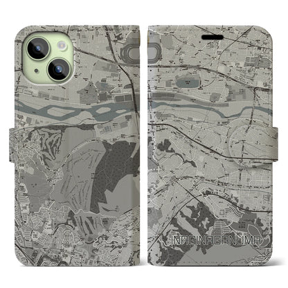 【稲城長沼（東京都）】地図柄iPhoneケース（手帳タイプ）モノトーン・iPhone 15 用