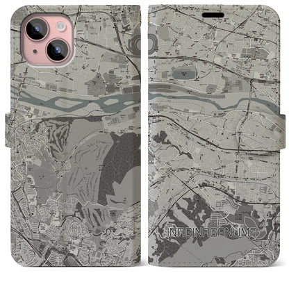 【稲城長沼（東京都）】地図柄iPhoneケース（手帳タイプ）モノトーン・iPhone 15 Plus 用