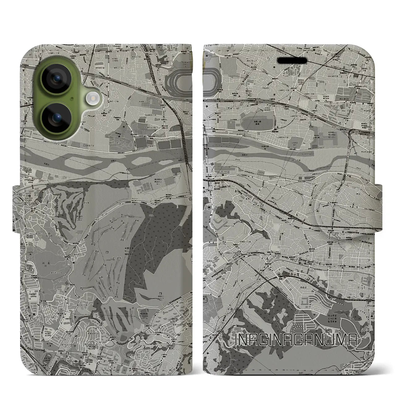 【稲城長沼（東京都）】地図柄iPhoneケース（手帳タイプ）