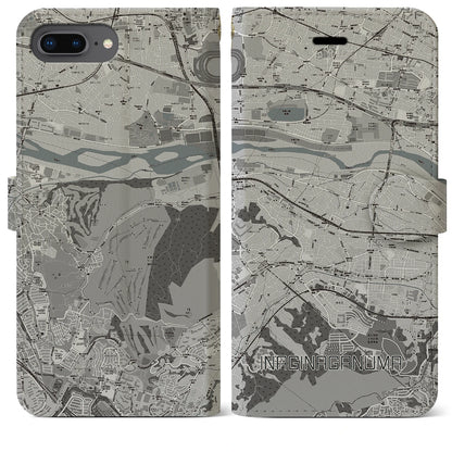 【稲城長沼（東京都）】地図柄iPhoneケース（手帳タイプ）モノトーン・iPhone 8Plus /7Plus / 6sPlus / 6Plus 用