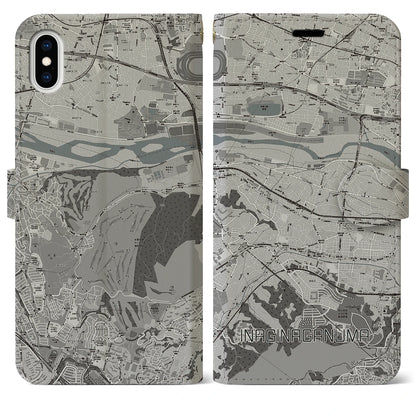 【稲城長沼（東京都）】地図柄iPhoneケース（手帳タイプ）モノトーン・iPhone XS Max 用