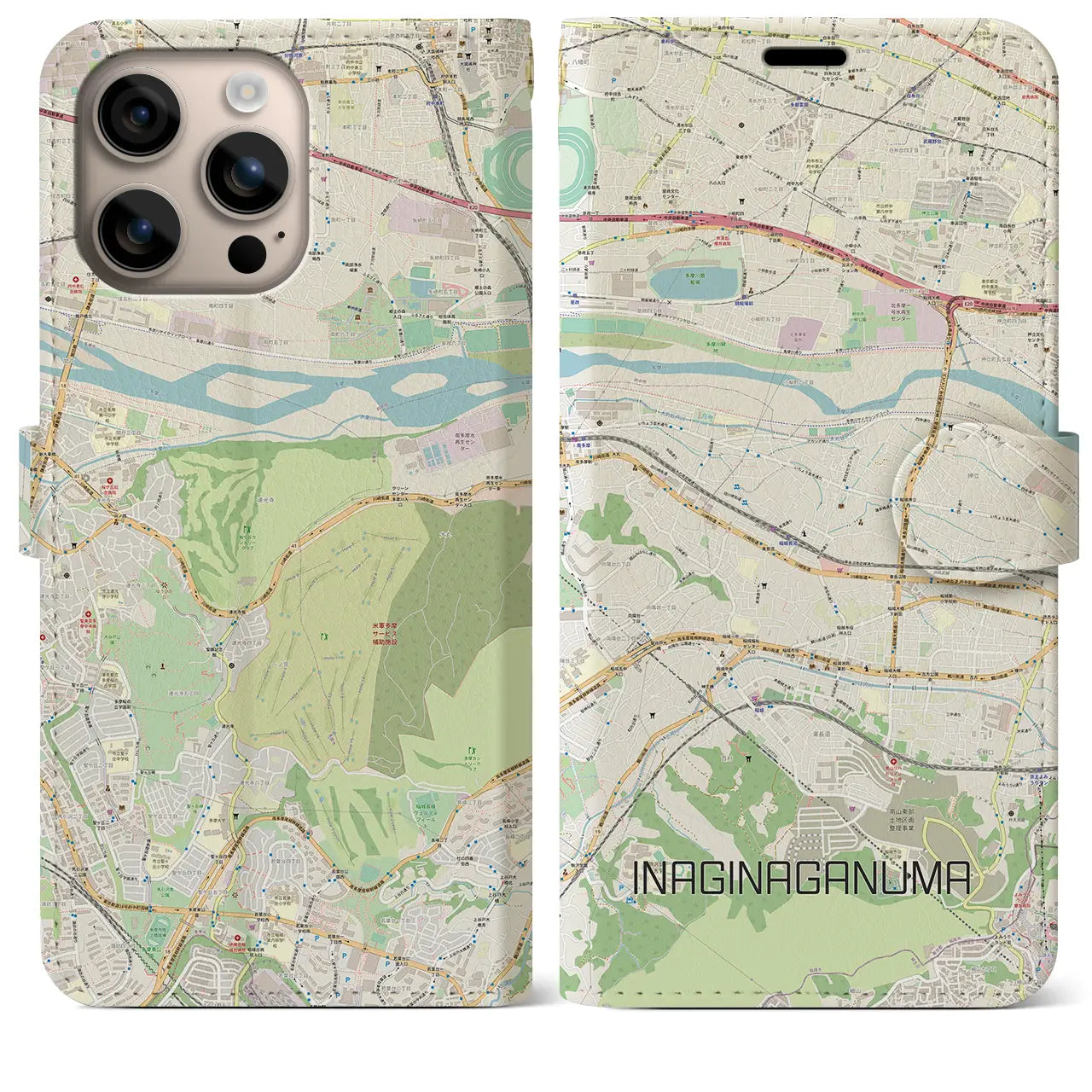 【稲城長沼（東京都）】地図柄iPhoneケース（手帳タイプ）ナチュラル・iPhone 16 Plus 用