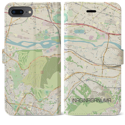 【稲城長沼（東京都）】地図柄iPhoneケース（手帳タイプ）ナチュラル・iPhone 8Plus /7Plus / 6sPlus / 6Plus 用