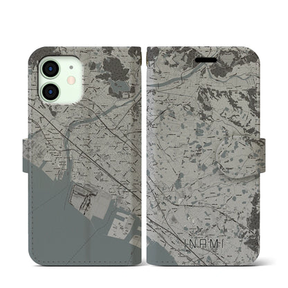 【稲美（兵庫県）】地図柄iPhoneケース（手帳タイプ）モノトーン・iPhone 12 mini 用
