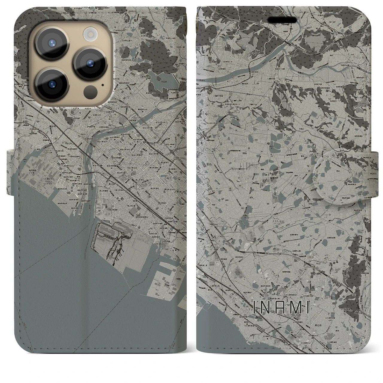 【稲美】地図柄iPhoneケース（手帳両面タイプ・モノトーン）iPhone 14 Pro Max 用