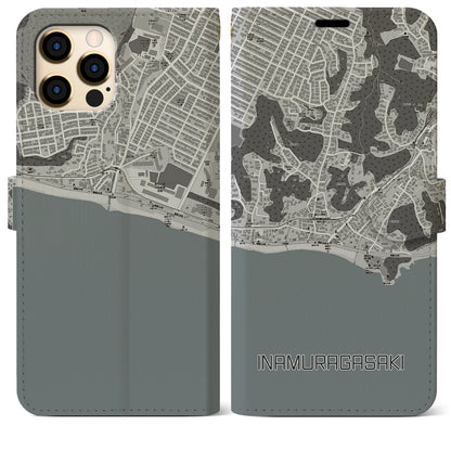 【稲村ヶ崎（神奈川県）】地図柄iPhoneケース（手帳タイプ）モノトーン・iPhone 12 Pro Max 用