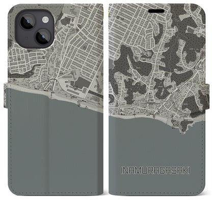 【稲村ヶ崎（神奈川県）】地図柄iPhoneケース（手帳タイプ）モノトーン・iPhone 14 Plus 用
