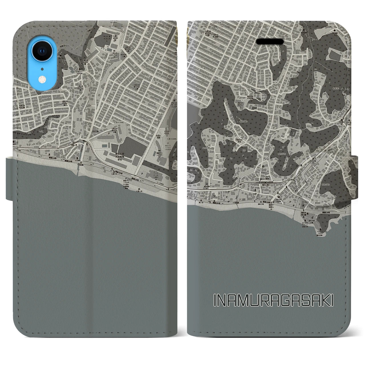 【稲村ヶ崎（神奈川県）】地図柄iPhoneケース（手帳タイプ）モノトーン・iPhone XR 用