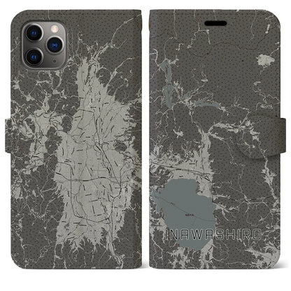 【猪苗代（福島県）】地図柄iPhoneケース（手帳タイプ）モノトーン・iPhone 11 Pro Max 用