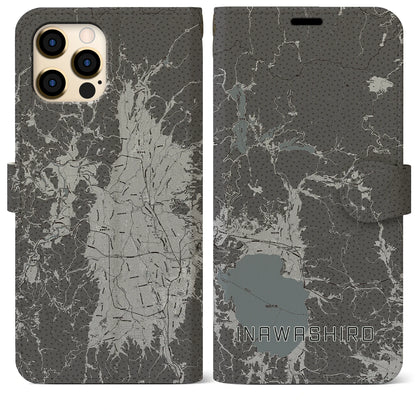 【猪苗代（福島県）】地図柄iPhoneケース（手帳タイプ）モノトーン・iPhone 12 Pro Max 用