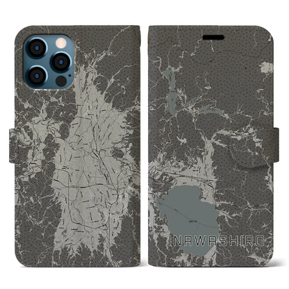 【猪苗代（福島県）】地図柄iPhoneケース（手帳タイプ）モノトーン・iPhone 12 / 12 Pro 用